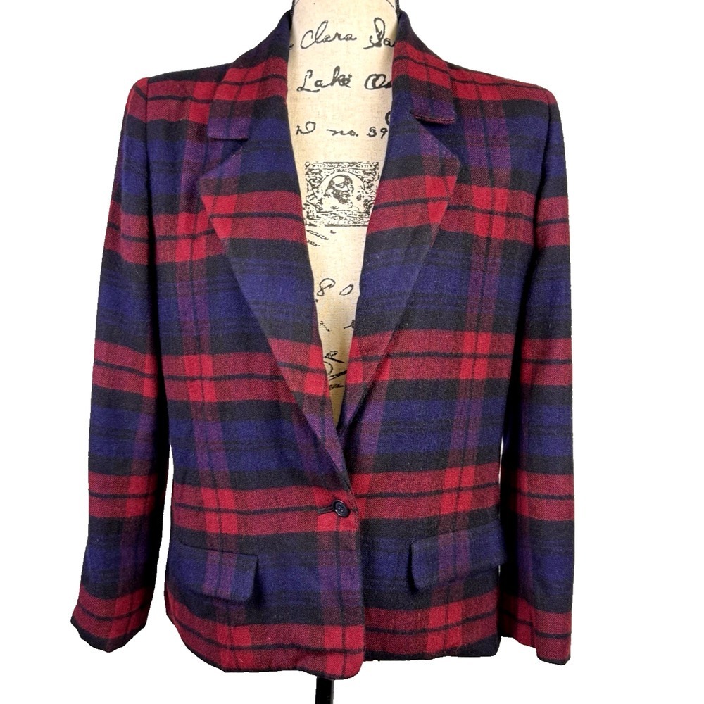 Vtg 80s Gloria Sachs Wool Blazer Red Blue Plaid Sz 6 Boxy Preppy 1 Button Lined